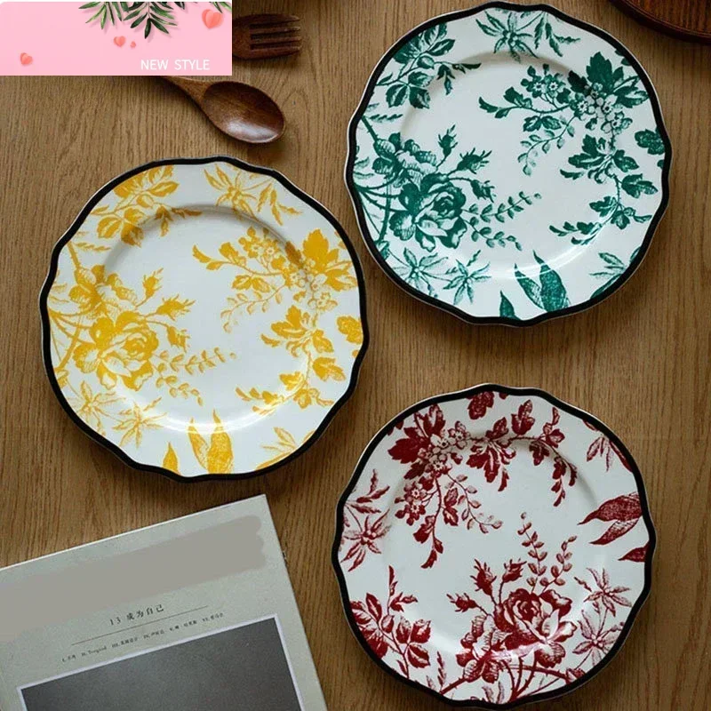 

Керамическая тарелка в европейском стиле, винтажная роскошная цветочная печать, обеденные тарелки в западном стиле, послеобеденный чай, десертная посуда, посуда