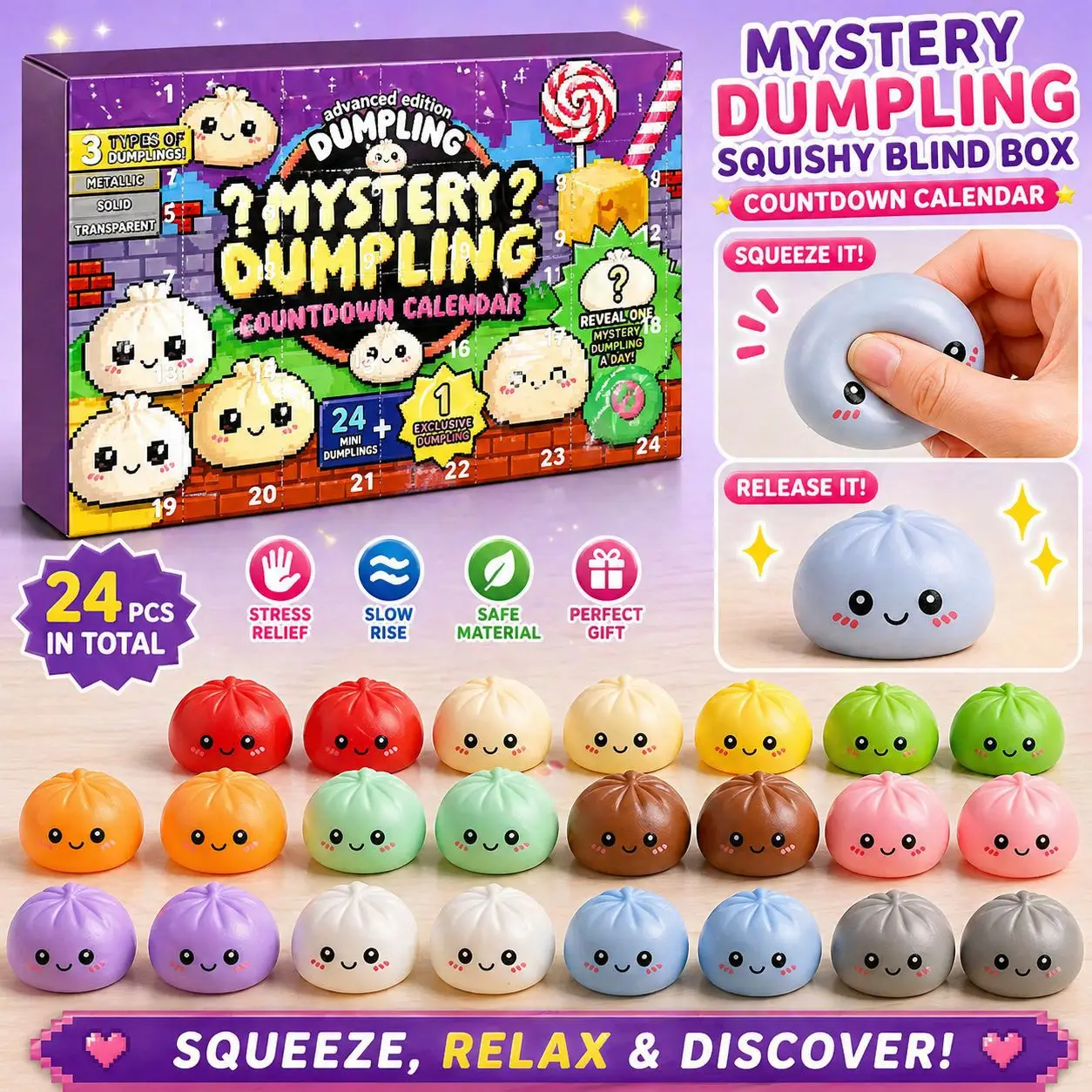 Surprise Dumpling Blind Box Countdown Calendar 24 Day Stress Relief Squeeze Toy Set Kids Teens Women Desk Party Table Decor Gift view 2