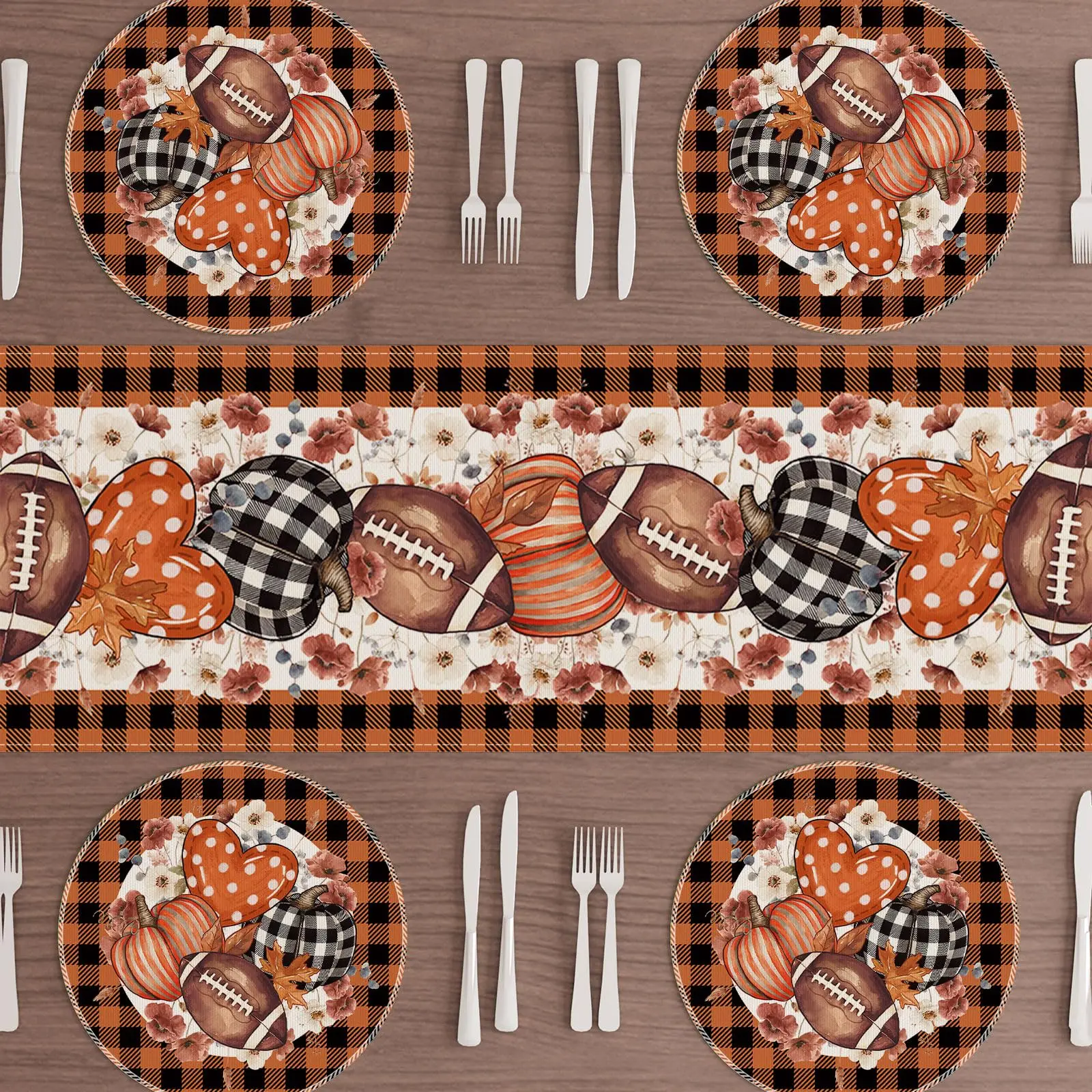 Fall Football Love Heart Round Placemats Table Decor 15 in Buffalo Plaid Pumpkin Flowers Thanksgiving Table Mats for Home Decor