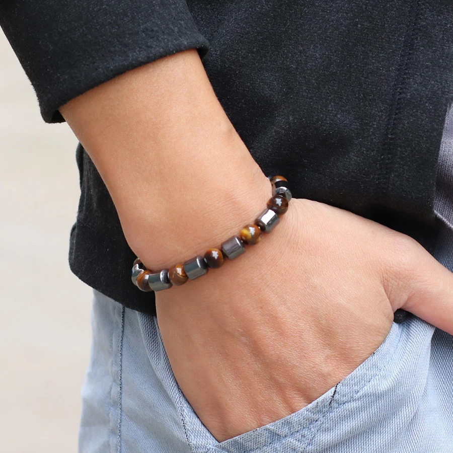 Premium Men Bracelet Apparel Accessories Irregular Hematite 8mm Howlite Tiger Eyes Stone Braslet Cycling Daily Homme Decoration
