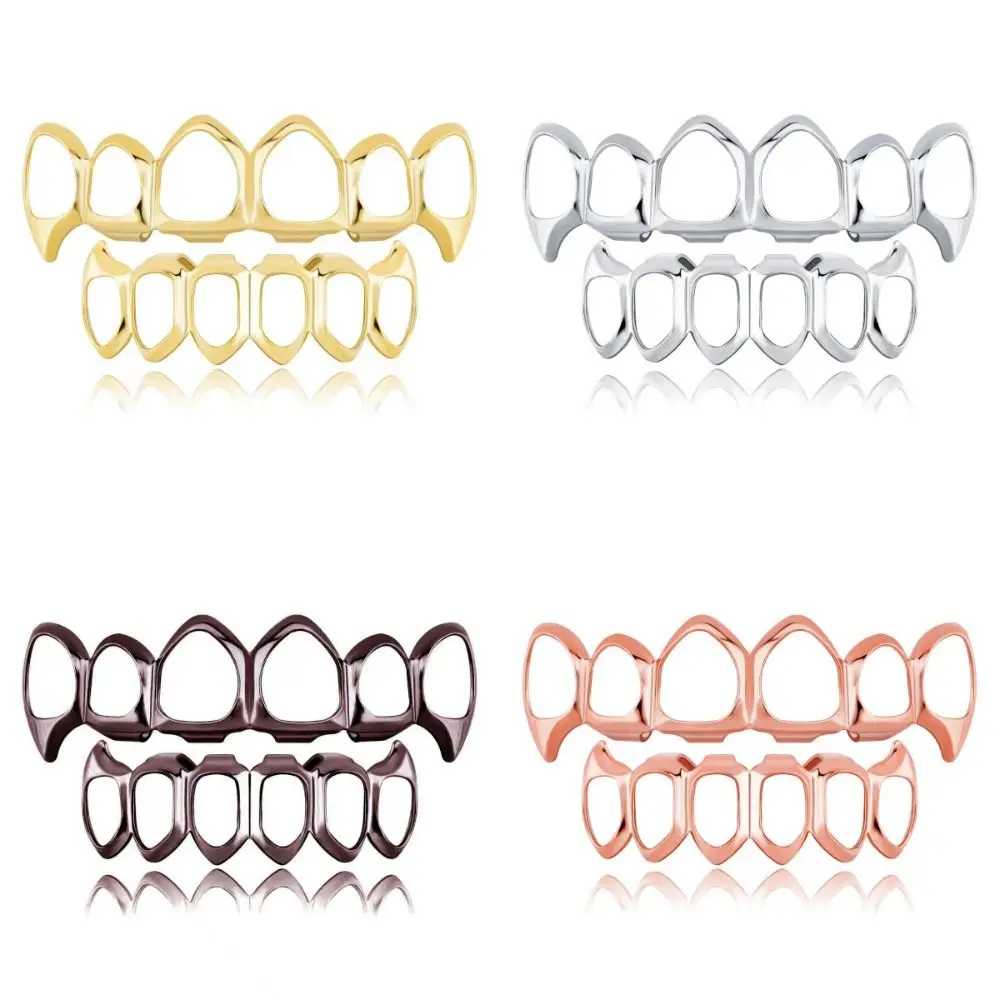Fotografia 7: Grillz de Dentes Ocos com Acabamento Brilhante, Conjunto Superior e Inferior, em Cobre Ecológico, Capas Antiderrapantes para Dentes Brilhantes, Joias Douradas para Eventos