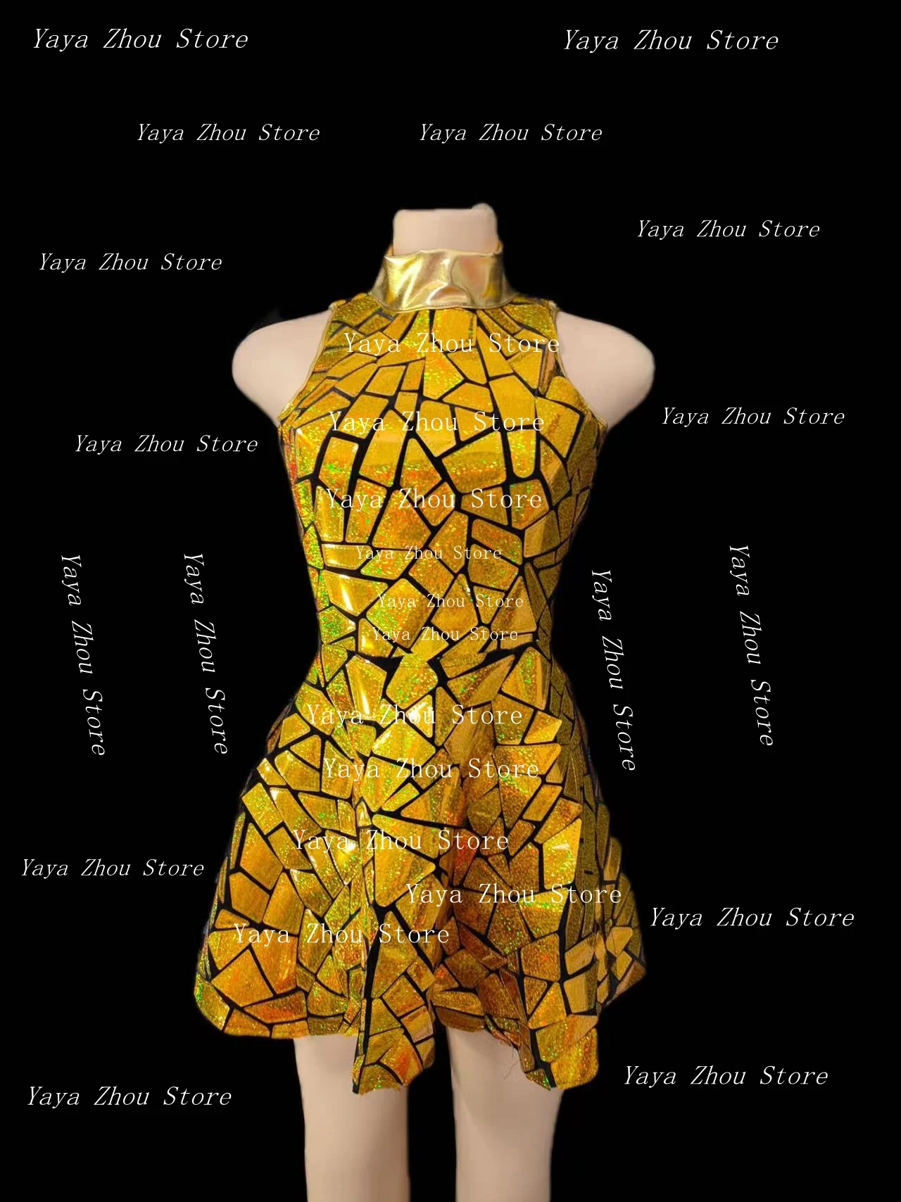 

Women Laser Mirror Sequins Gold Sleeveless Sexy Short Dress Singer Dancer Bar Nightclub Stage Wear Birthday Party Prom Outfits