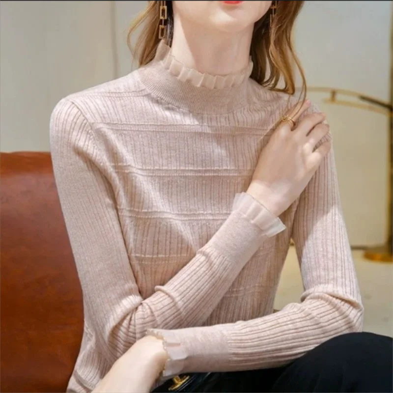 

Lace Tshirt Women T-shirt Half-Colla Fold Pullover Spring Autumn Woman Tshirt Knitwear Top Stripes Knitted Tshirts Ladies Tees