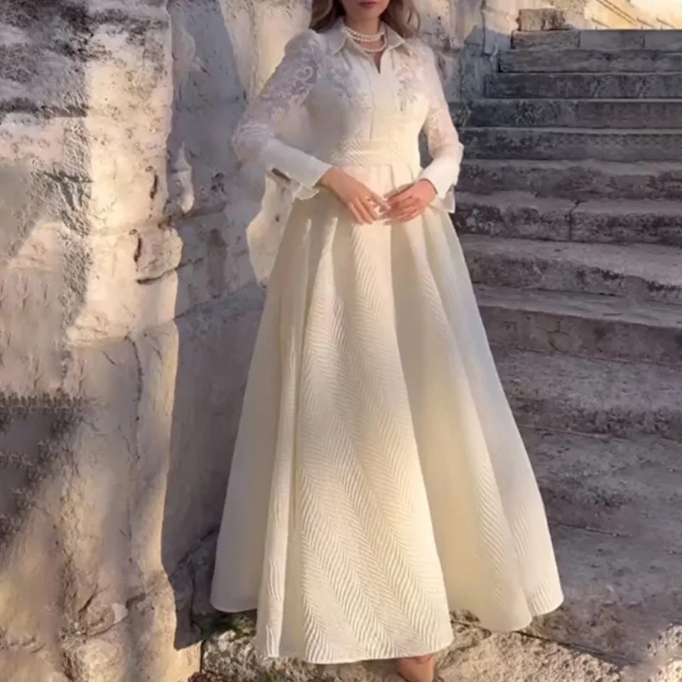 

French Retro Long Sleeve Maxi Dress Women 2025 New White Front Chest Bead Flower Bud Silk Yarn dresses