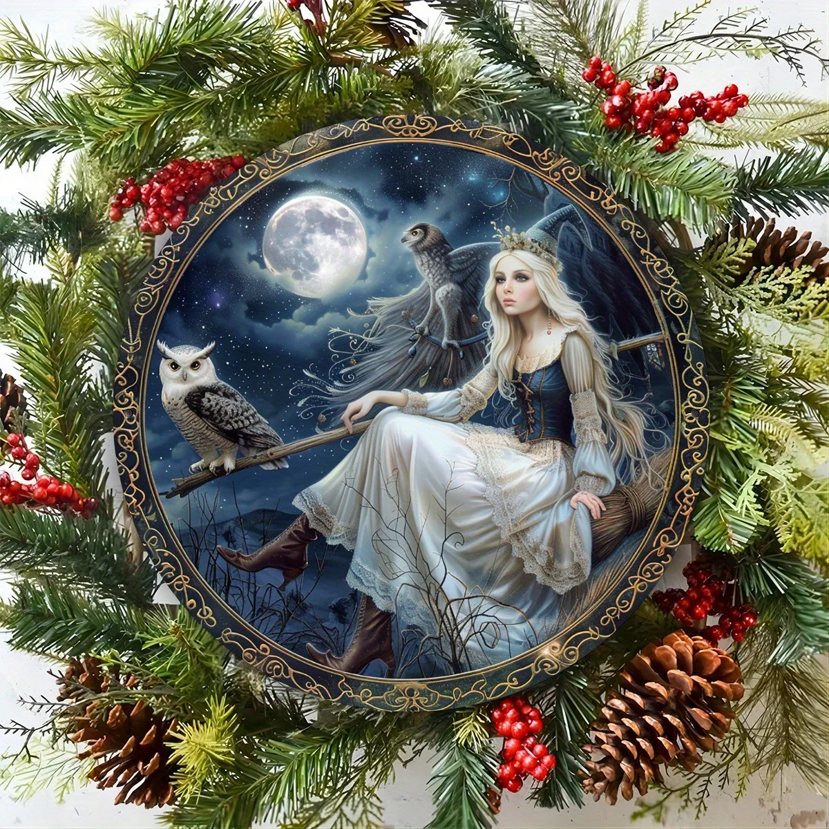 1pc White Witch & Broomstick Gothic Metal Wall Art - 20.32x20.32 cm Round Aluminum Sign with Golden Border, Witch on Broomstick,