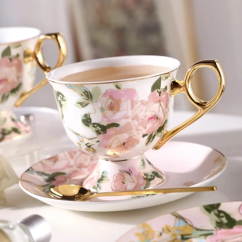 

French Floral Light Luxury Ceramic Bone China Coffee Cup And Plate Set Exquisite Afternoon Tea Cup Home Drinkware