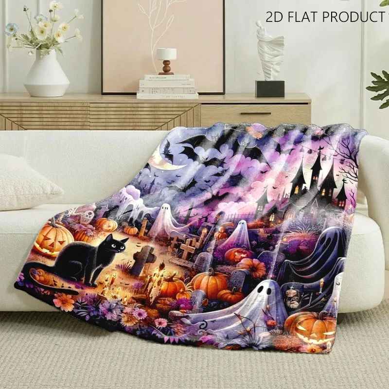Whimsical Halloween Spooky Scene Print Soft Throw Blanket, Multiple Specifications Available, Festive Eerie Cozy Blanket with Full Moon, Bats, Haunted Castle & Pumpkin Patterns, Ideal for Couch Napping, Bedroom Rest & Daily Casual Cozy Use