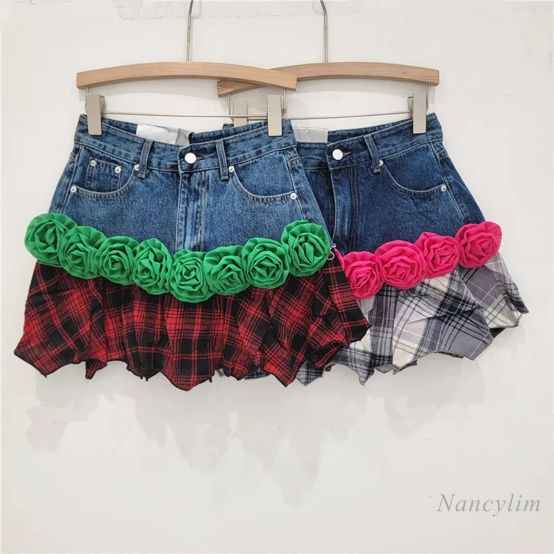 Irregular Design Stitching Denim Skirt Women's Three-dimensional Flower Skirts 2024 New A- Line Sheath Skirt