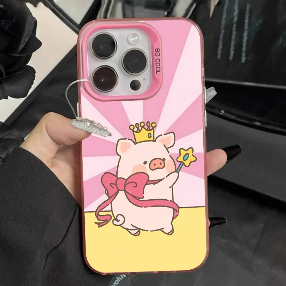 حافظة هاتف كارتون L-LuLu Pig لهاتف آيفون 16,15,14,13,12,11,Pro,Max,Plus, Mini,XS,SE مضادة للسقوط وردي غير لامع مصد صلب
