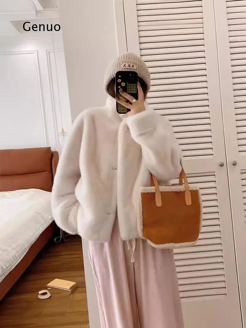 Faux Mink Fur Coat Stand Collar Short Winter Warm Outerwear Eco Friendly Jacket for Ladies Daily Casual Streetwear
