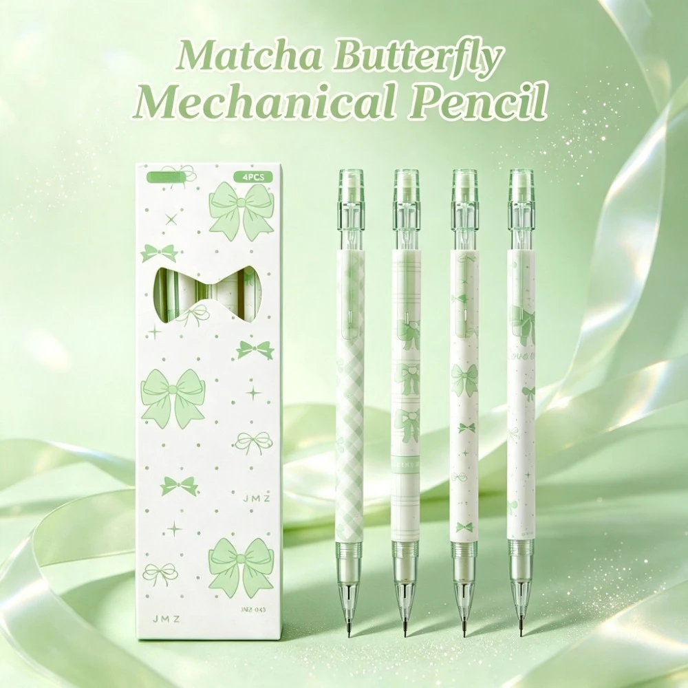 4pcs Matcha Bow Automatic Pencils, 0.5mm Lead, Smooth Writing, Durable Lead, Ideal for Notes, Sketching, Gift Box Packaging