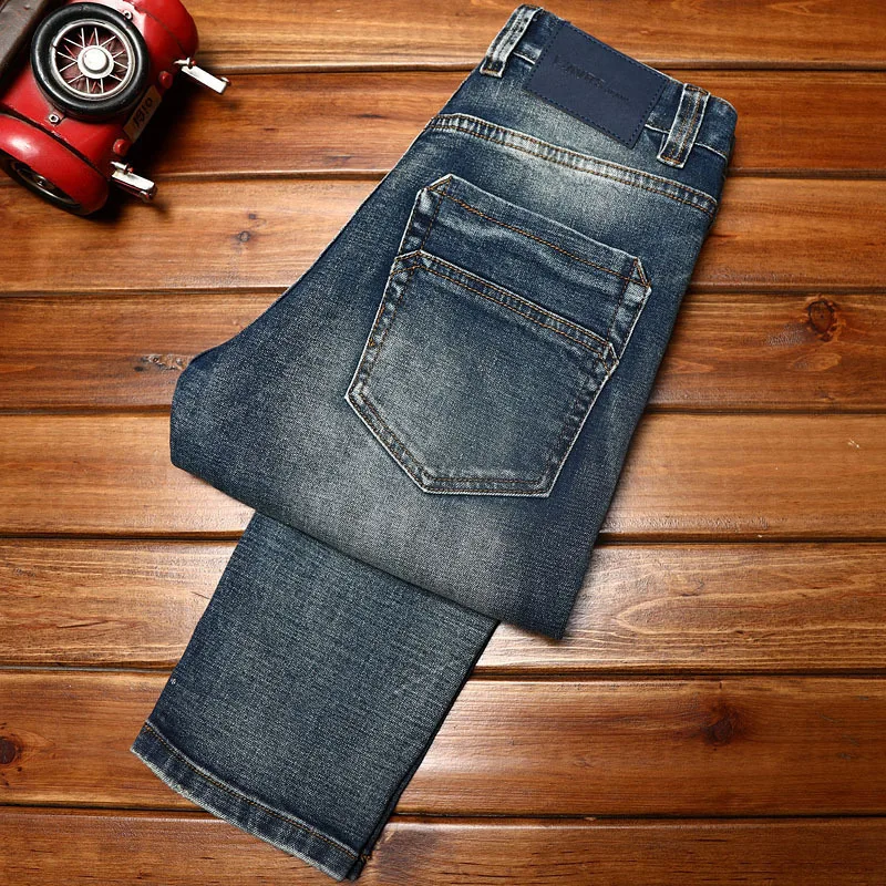 Retro make old ripped jeans men's slim straight stretch patch fashion all-match blue casual long pants men's
