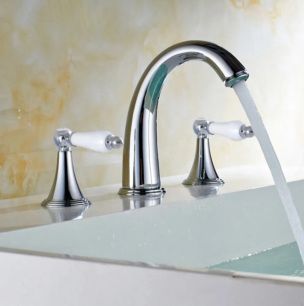 

Polished Chrome Brass Deck Mounted Dual Handles Widespread Bathroom 3 Holes Basin Faucet Mixer Water Taps mnf549
