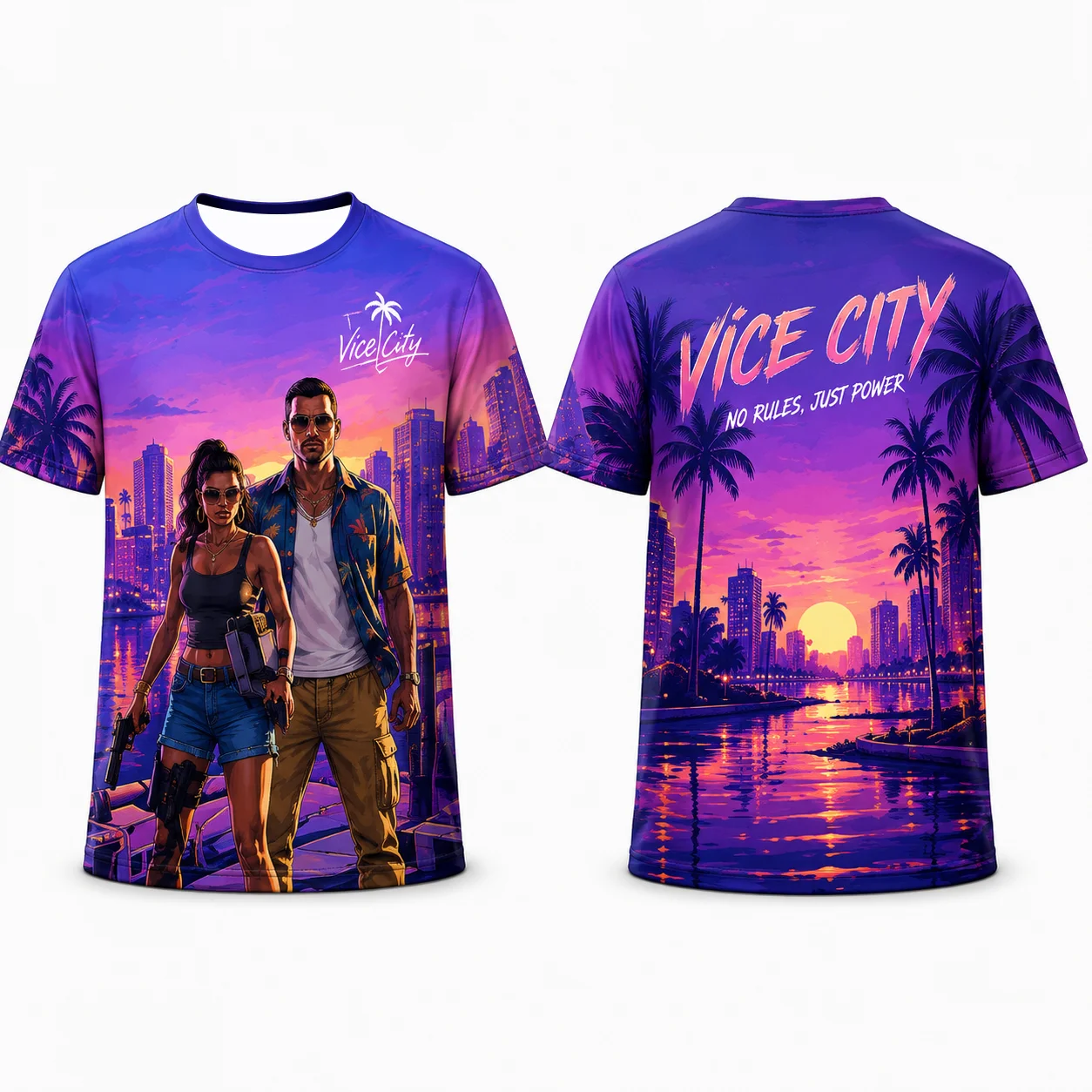 Vice City Retro Synthwave Double Sided Print T Shirt Unisex Miami Palm Tree Sports Tee Breathable Mesh Quick Dry Streetwear Top