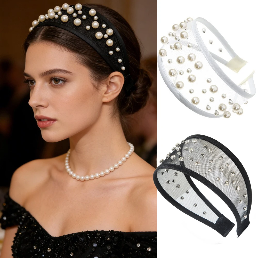 Elegant Pearl & Rhinestone Mesh Headband for Women, Luxury Padded Hairband, Bridal Wedding Hair Accessory for Party & Daily Wear