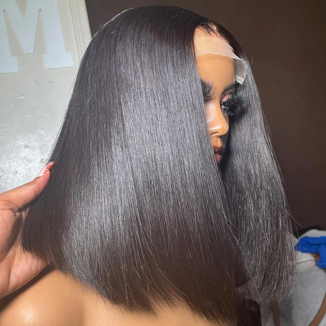 

Перуанские натуральные короткие парики-каре из человеческих волос, идеально прямые, с HD-кружевом 13x6, прозрачные кружевные парики 13x4 с фронтальной вставкой из человеческих волос