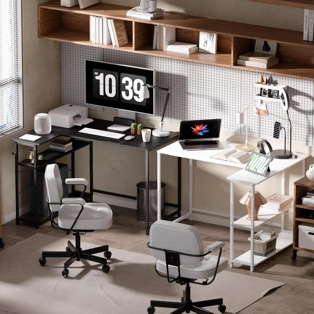 43 Inch L Shaped Computer Desk with Reversible Side Storage Shelves, Writing Study Table Gaming PC Desk Black Office Desks