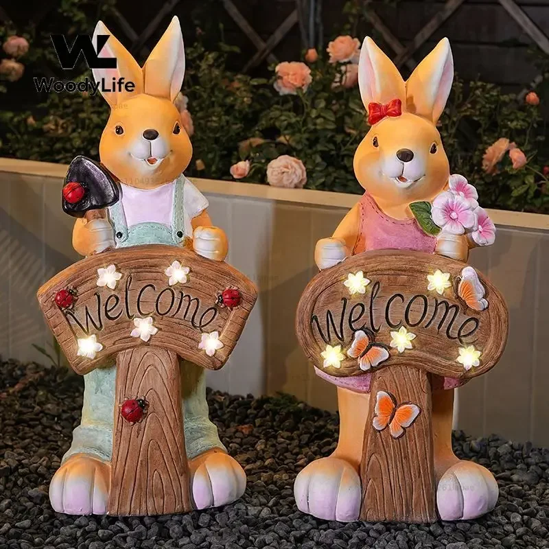 Solar Rabbit Figurine, Handmade Outdoor Garden Decor Waterproof Patio LED Night Light  Magnesium Oxide Craft Statue