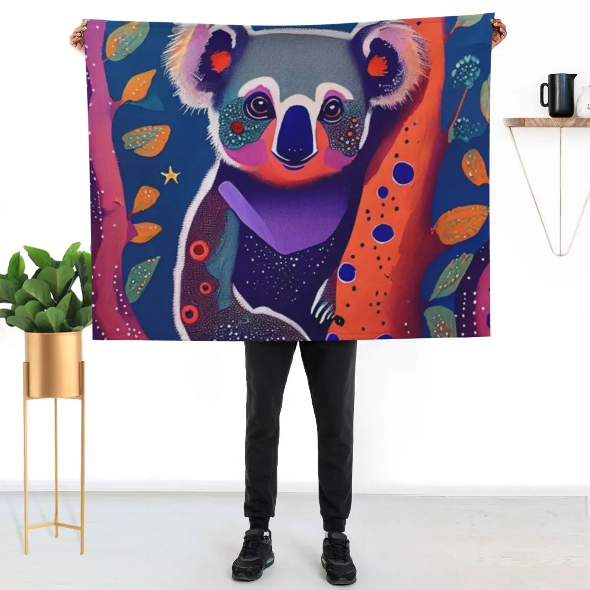 Aboriginal Art Cute Koala Bear in Dot Paintings Throw Blanket Stylish Couch Blanket for Home Living Room