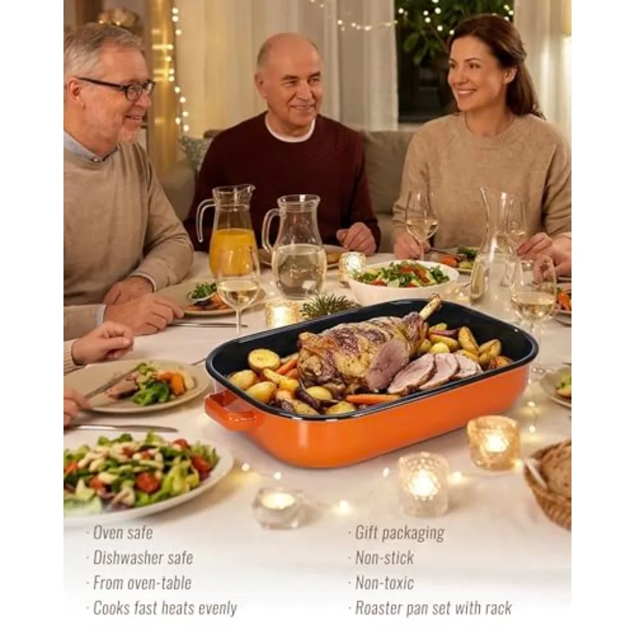 Enamel Turkey Roasting Pan with Rack Set and Lasagna Pan, 14 17, Orange, non-stick and oven-safe up to 500F