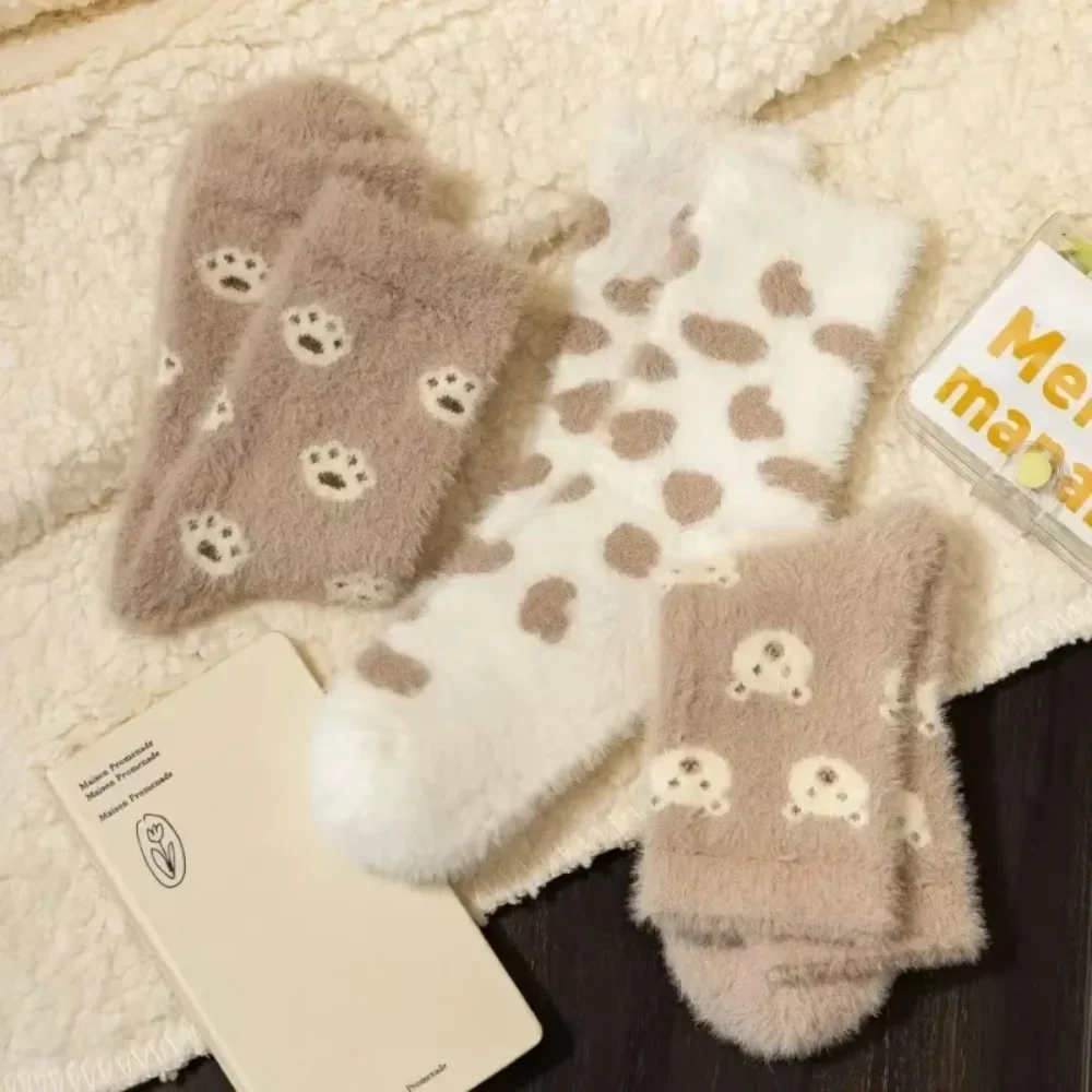 Autumn Winter Warm Socks Women's Fashion Mink Velvet Middle Tube Sock Creative Animal Alpaca Printed Home Floor Sleeping Socks