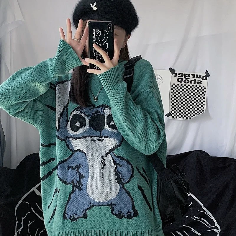 Disney Stitch Autumn Winter Cartoon Round Neck Sweater Women Harajuku Korean Style Knitwear Sweet Y2k Girl Loose Casual Sweater