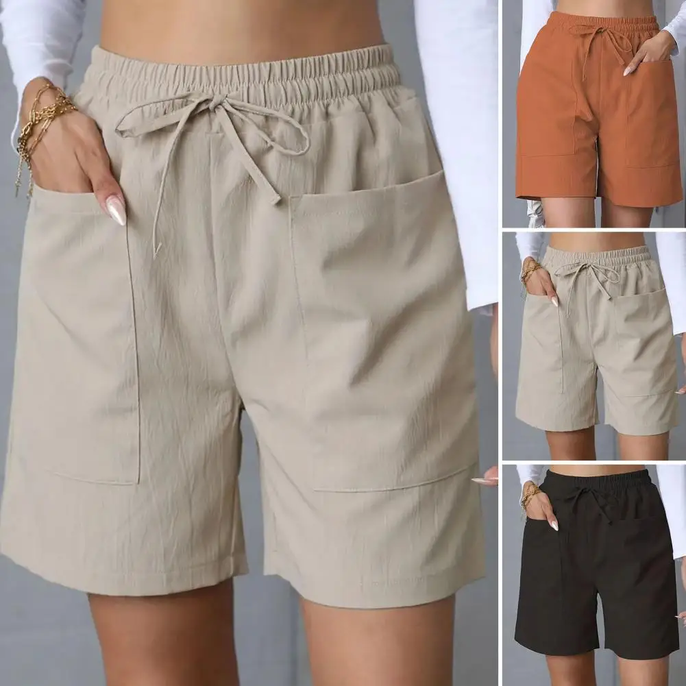 Женские летние повседневные шорты на шнурке, однотонные хлопковые и льняные короткие брюки, женские свободные прямые уличные брюки для бега на открытом воздухе