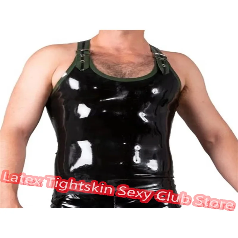 

Handmade Latex Men Sleeveless Shirt Man Sexy Tops Rubber Tank Vest Black with Army Green Cosplay Costume