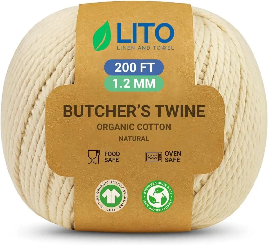 

200ft Heavy Duty Butcher Twine, 1.2mm Natural Cotton Kitchen String for Trussing, Baking & BBQ, Food-Safe & Oven-Safe