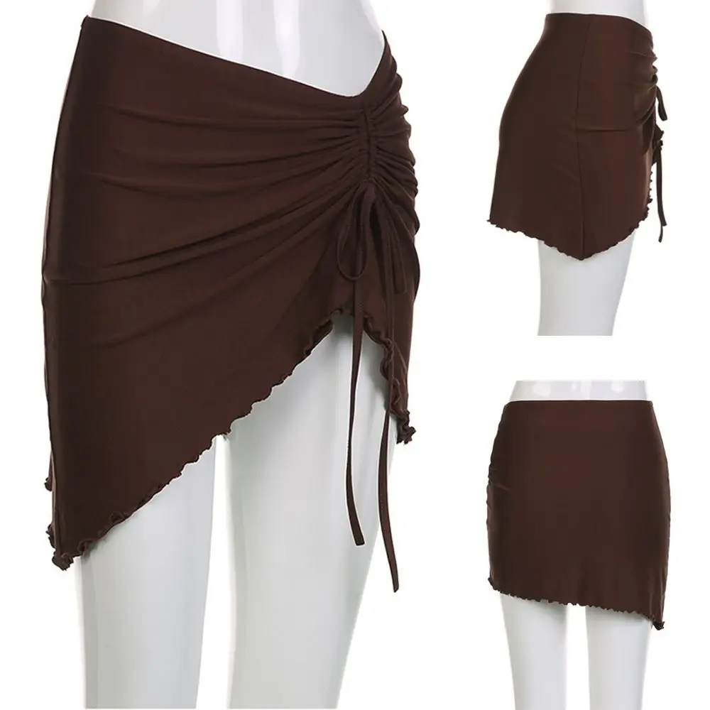 

Pleated Ruched Short Skirt Drawstring High Waist Tight-fitting Hip Skirt Thigh High Slit Lettuce Trim Pencil Skirt Girl