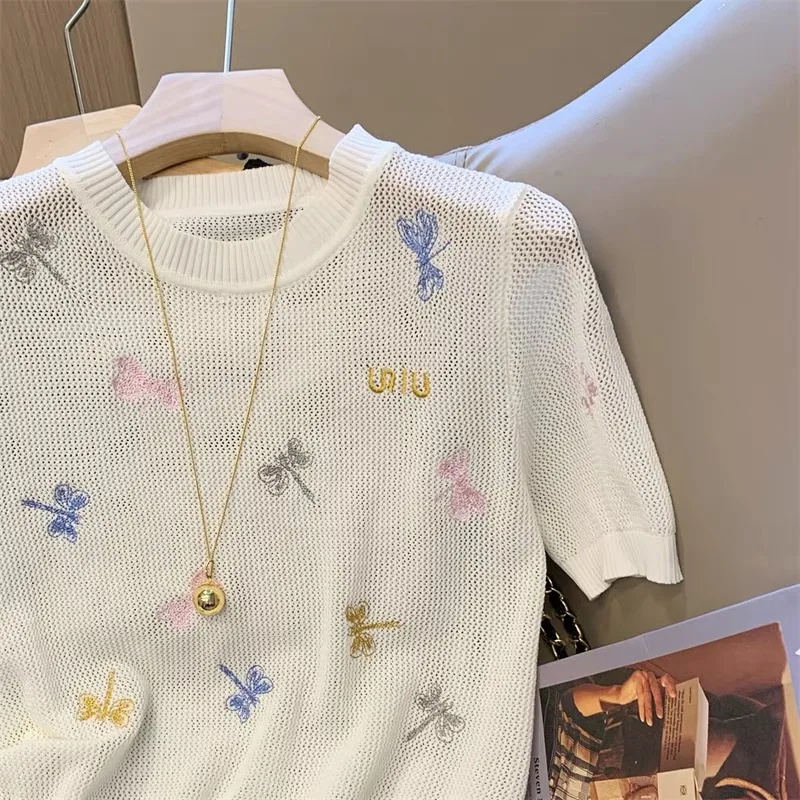 Summer New Hollow Out Knitted Short Sleeve Women Vintage Casual Bufferfly Embroidery O-neck T-shirt Chic Letter Commute Top