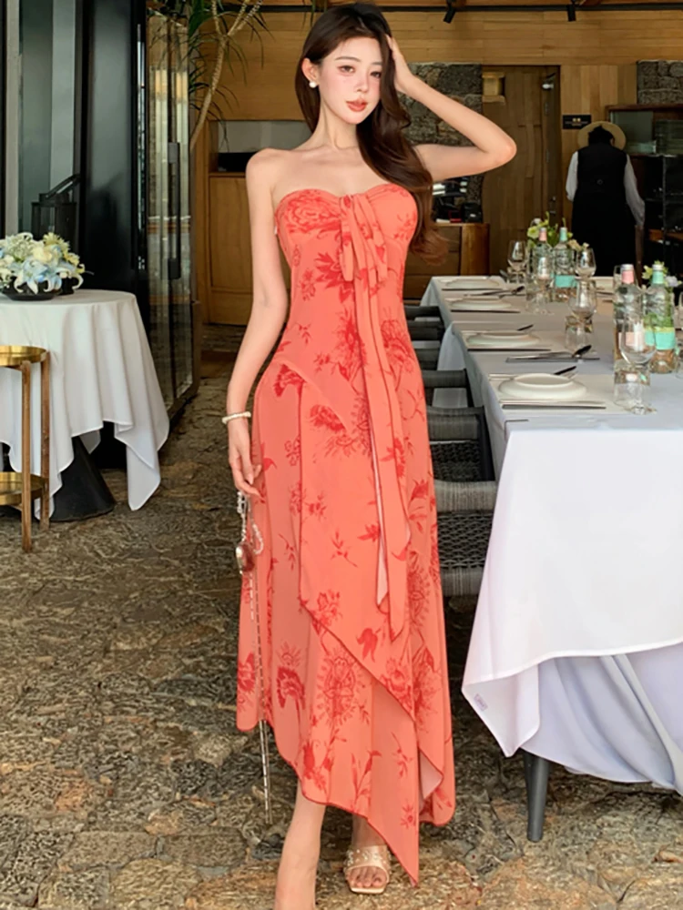 ฤดูร้อนดอกไม้สีแดง Chic Bow หน้าอกห่อชุดยาวเซ็กซี่ผู้หญิงสบายๆชุด 2025 เกาหลี Elegant Bodycon พรหมชุด