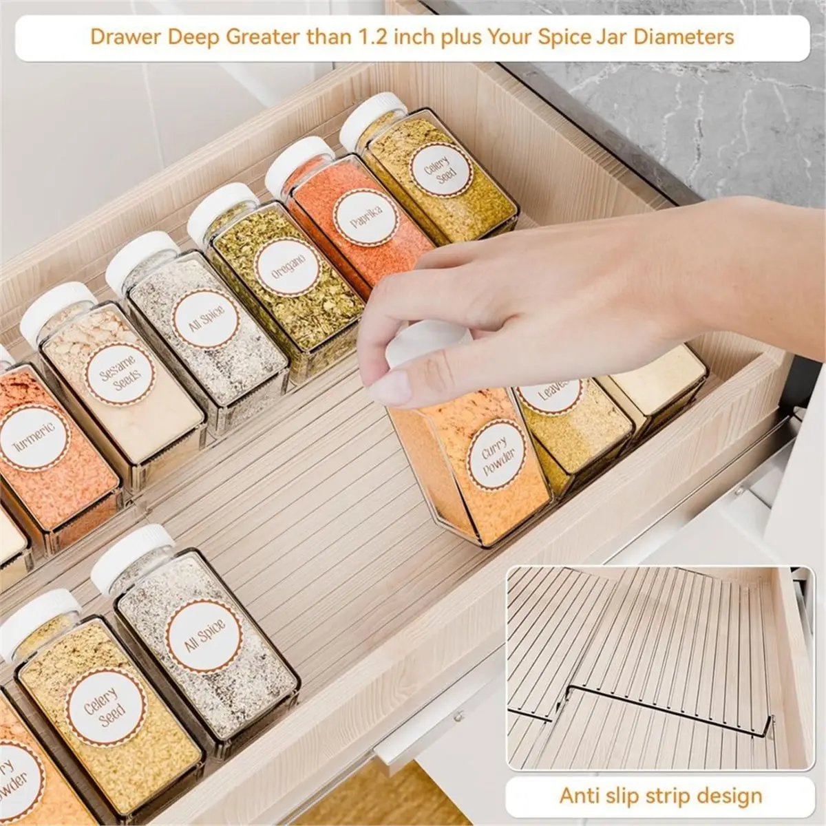 Time Saving 4 Pack Adjustable Narrow Spice Rack for Drawer - Expandable From 9