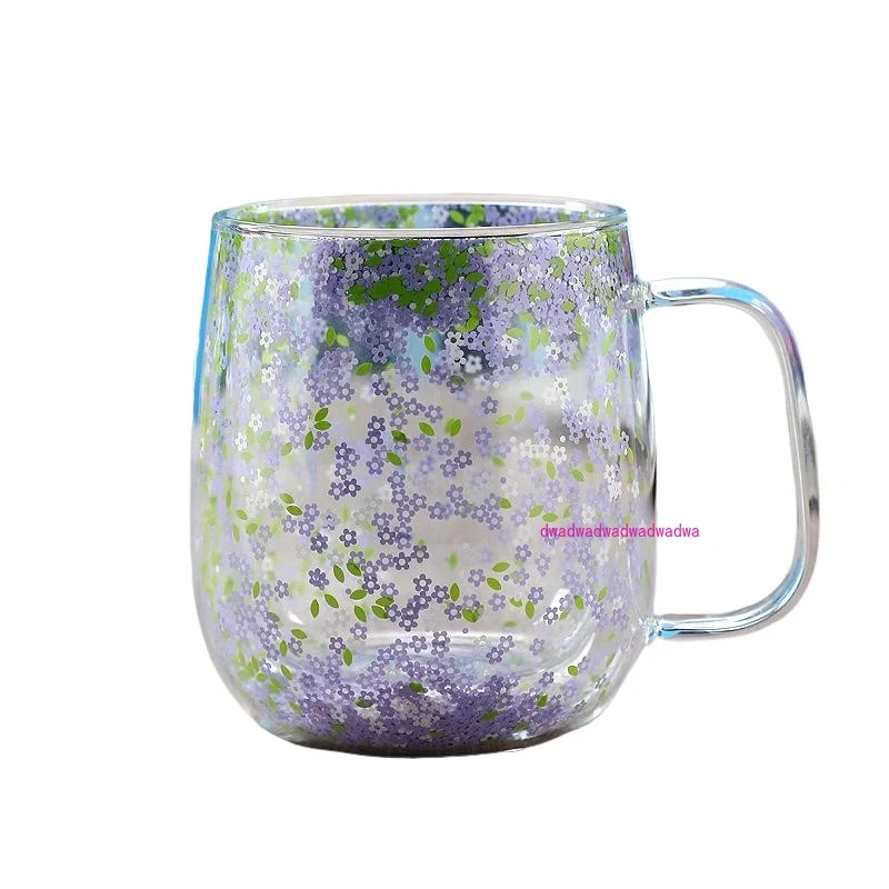 

High borosilicate double-layer glass quicksand cup High temperature resistant sequined coffee Household milk cup
