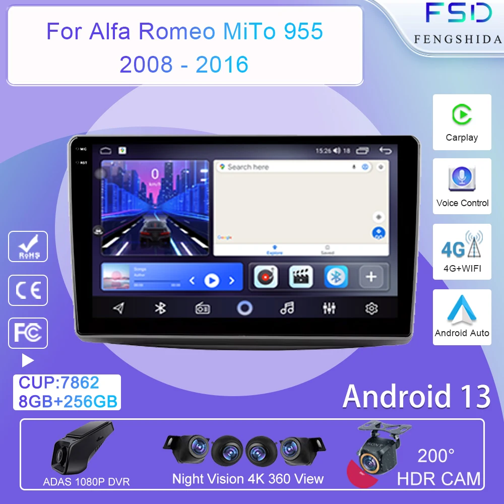 Car Radio Carplay For Alfa Romeo MiTo 955 2008 - 2016 Navigation GPS Android Auto Stereo Multimedia Player 5G Wifi No 2din DVD