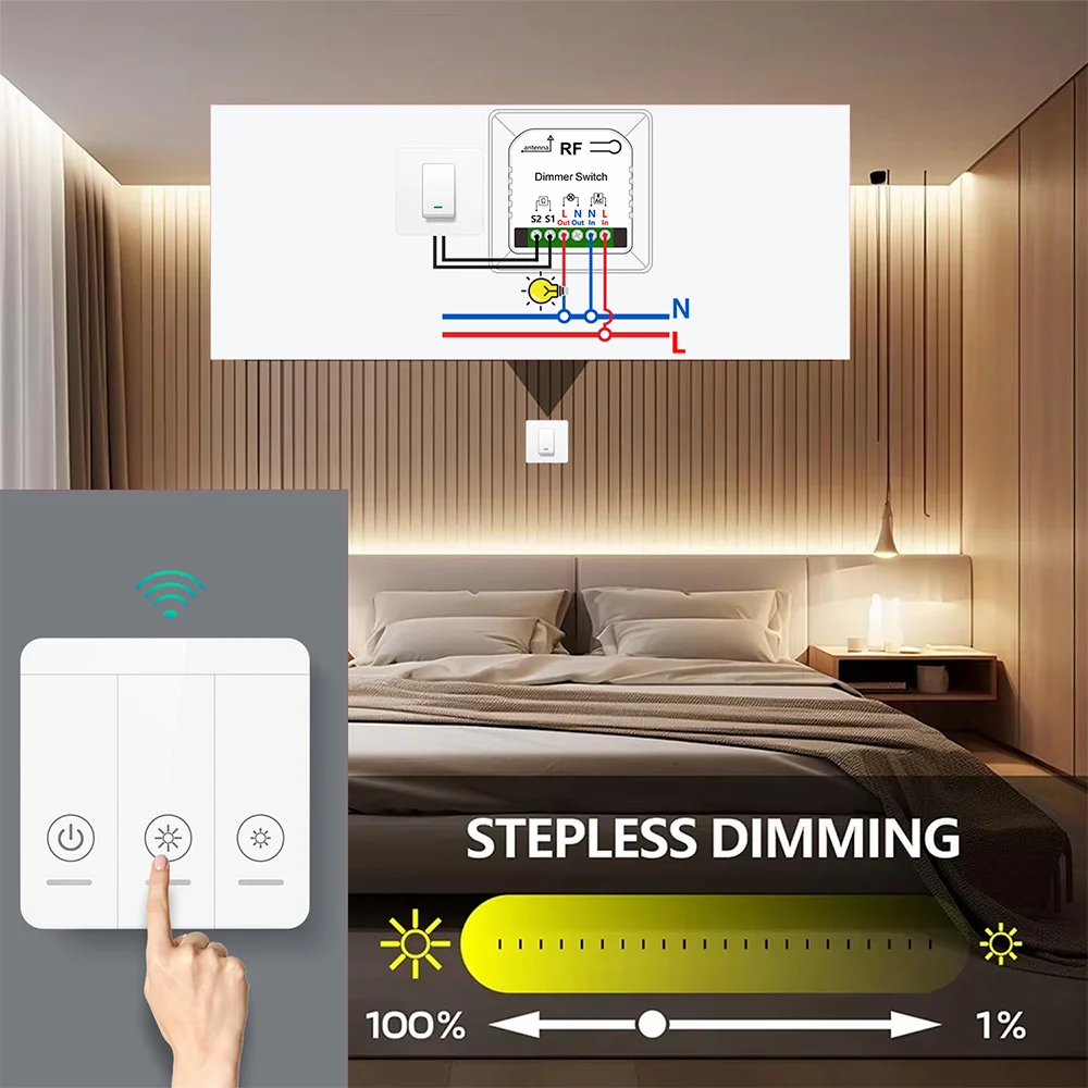 Wireless Dimmer Light Switch with Remote Controls AC110V 220V Dimmable Switch Control for LED and Halogen10W-150W (No Wifi)