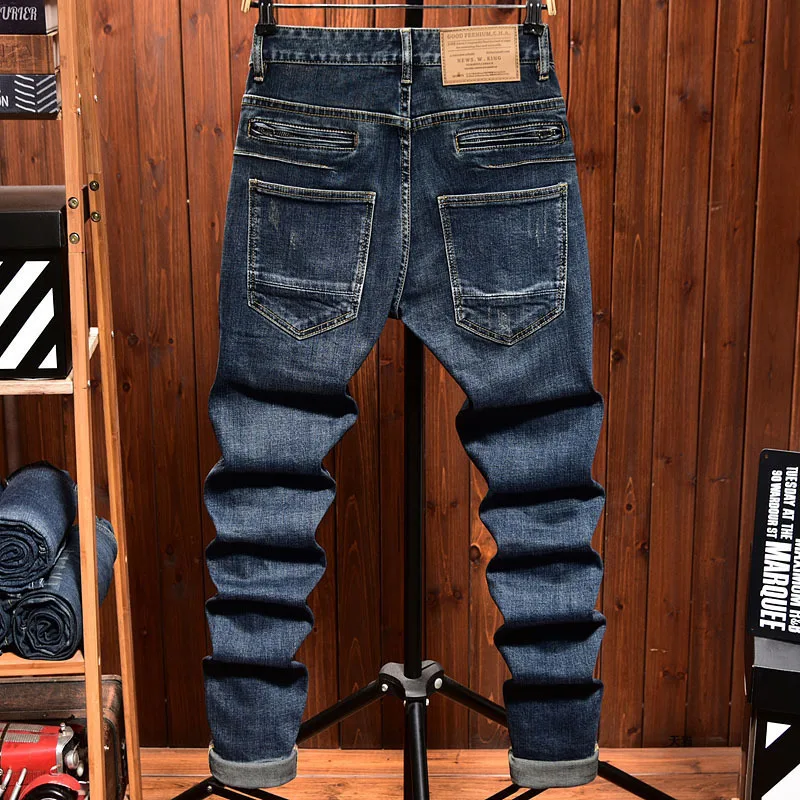 New high-end motorcycle jeans MEN'S slim fit straight leg elastic fashion brand zipper washed blue casual biker denim pants
