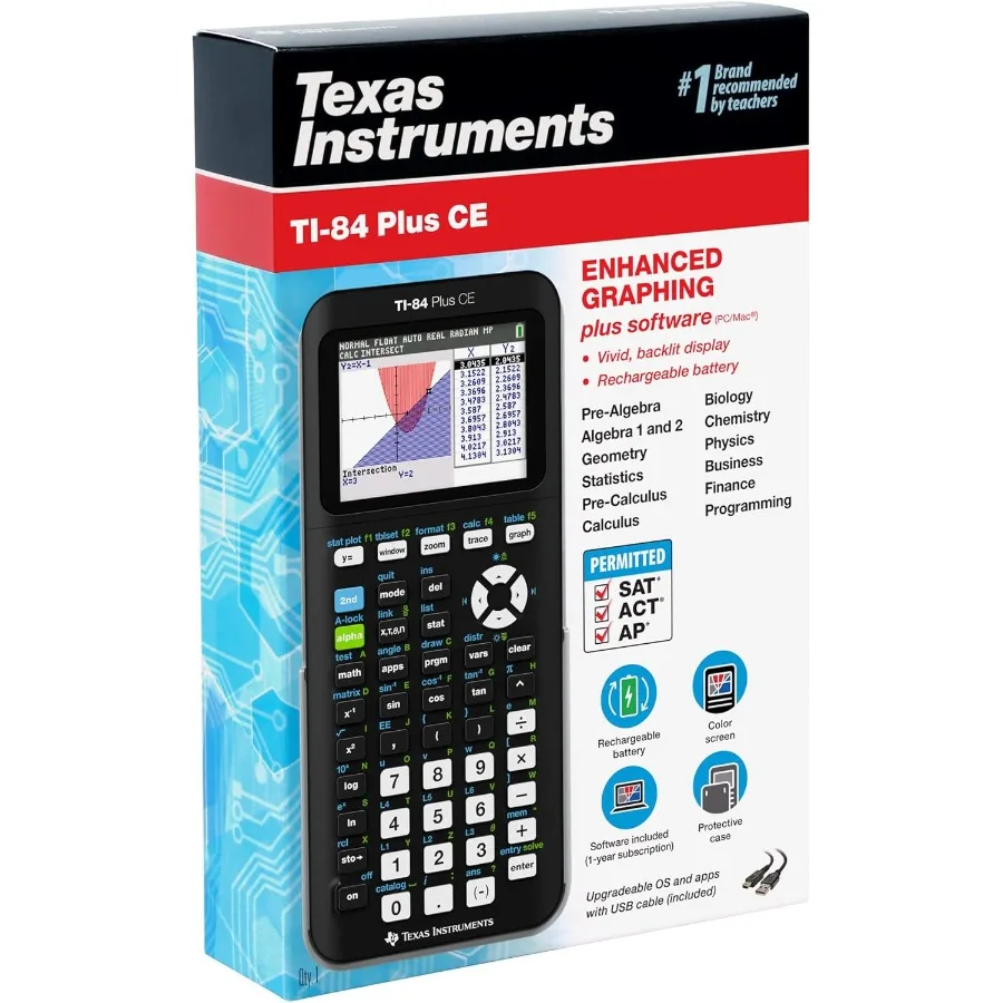 آلة حاسبة الرسوم البيانية Texas Instruments TI84 Plus CE باللون الأسود مع تطبيقات مدمجة بشاشة ملونة متضمنة اختبار البرامج
