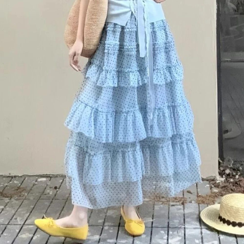 Sweet spring and summer Korean version cake skirt 2026 high waist summer new polka dot mesh elastic skirt explosion