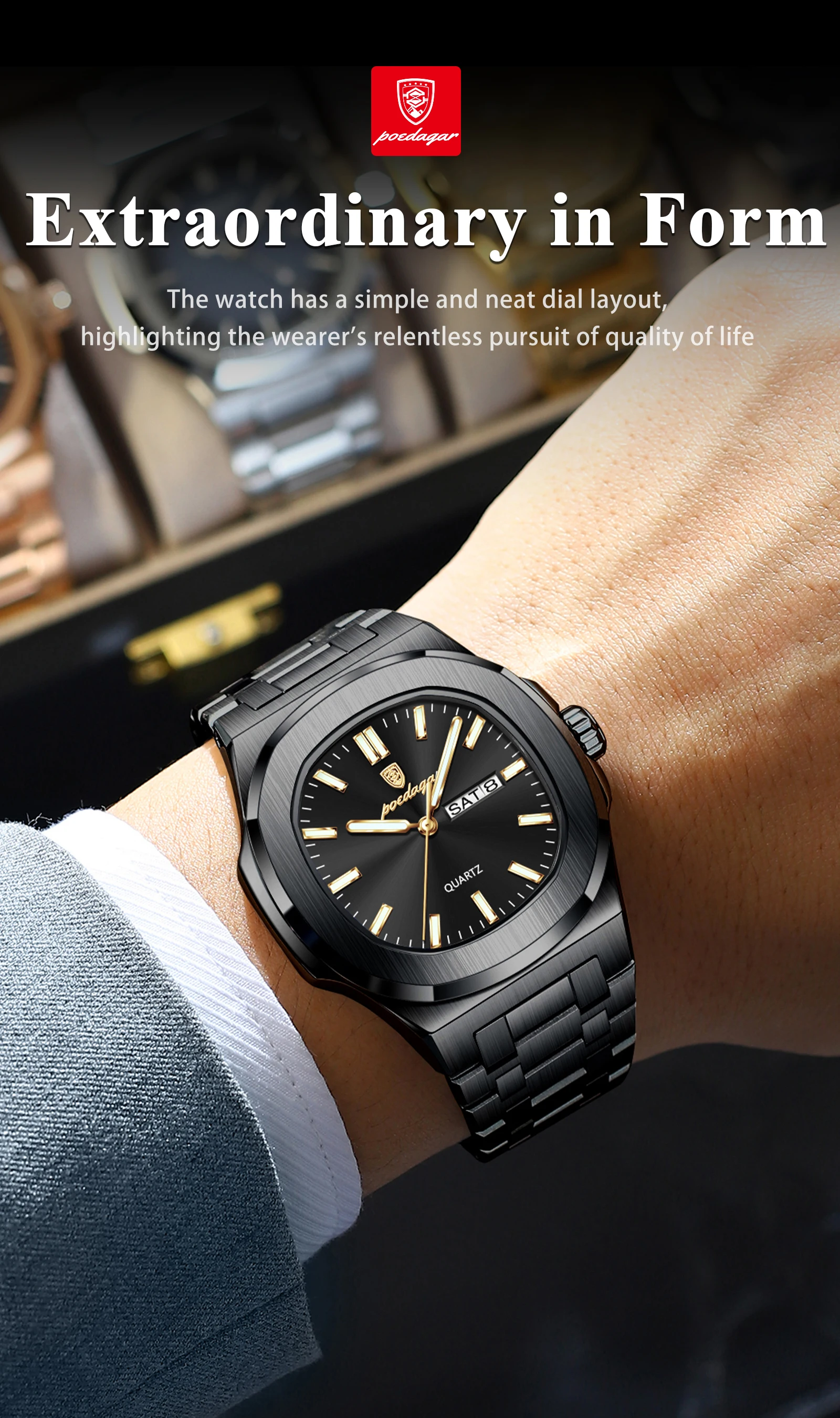 POEDAGAR Luxus Platz herren Uhren Wasserdicht Leucht Datum Woche Männer Uhr Edelstahl Mode Quarz Mann Armbanduhr Reloj – Detail 6