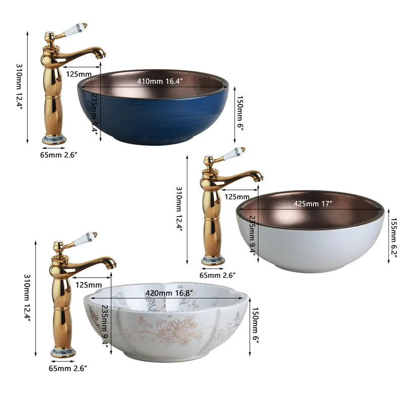 OUBONI Ceramic Bathroom Sink Set Multiple styles Hand Painted Art Basin Gold Teapot Spout Hot Cold Vanity Top Sink Faucet