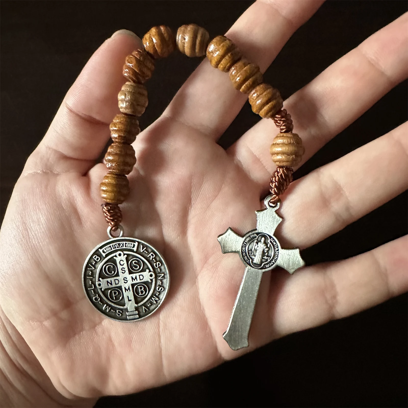 Antique Saint Benedict Medal Prayer Pocket Rosary Catholic Brown Wood Beads with Saint Benedict Medal and Crucifix, 9 Inch