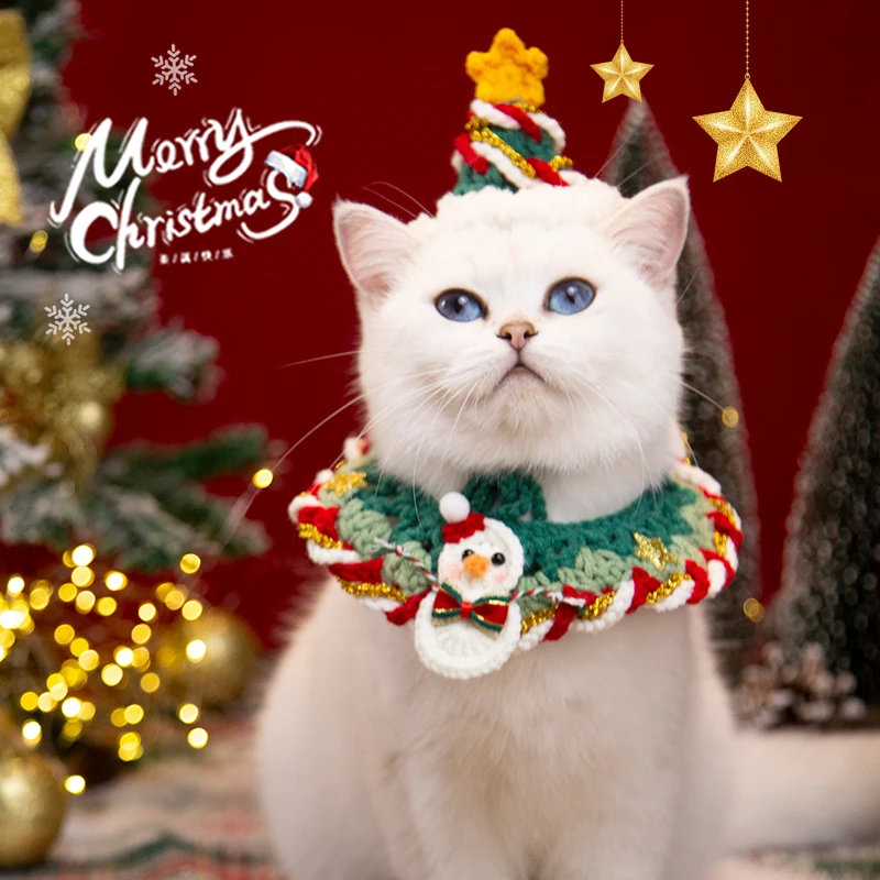 

Christmas cat and dog scarf hat set, handmade crochet wool saliva towel, pet knitted collar, Christmas hat decoration, bib scarf