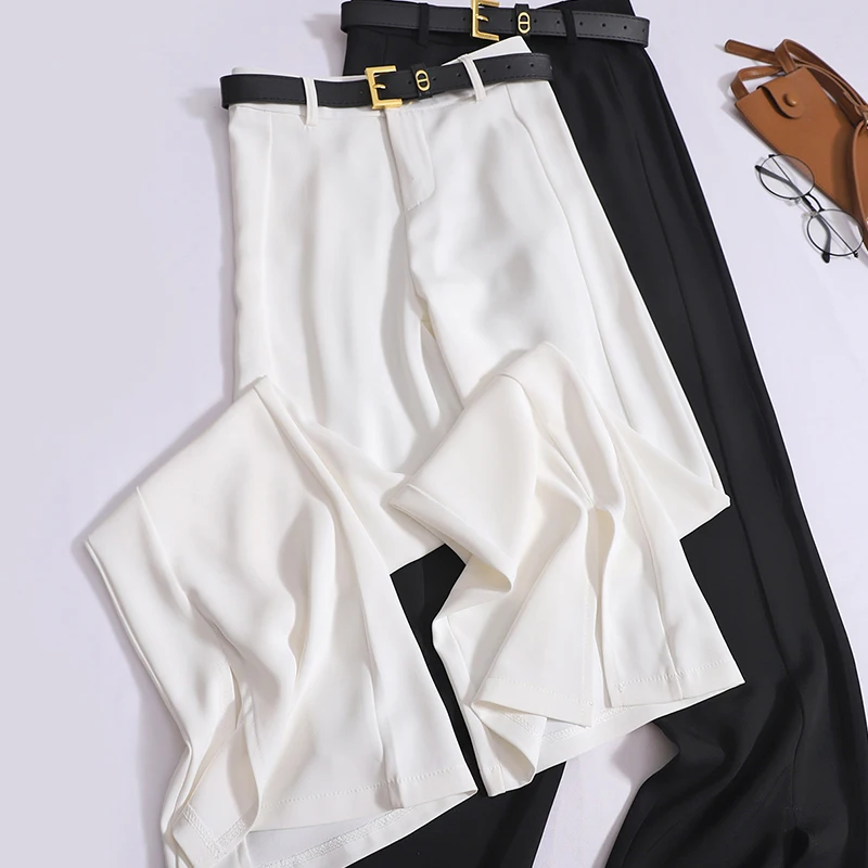 Chiffon Straight Pants Women Slit Flare Slim Trousers High-waisted Pants Elegant Casual Suit Pants with Belt