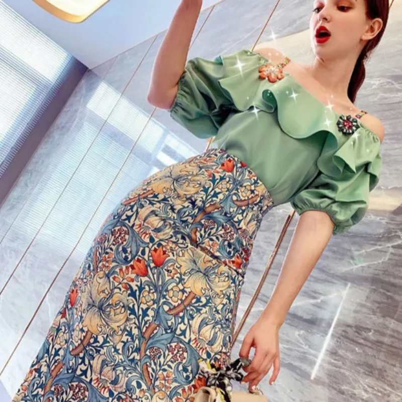 Women\'s Two Piece Set Short Sleeve Printing Female Outfits Ruffles Party Sexy Mature Beach Dress Luxury Designer Clothing Jacket