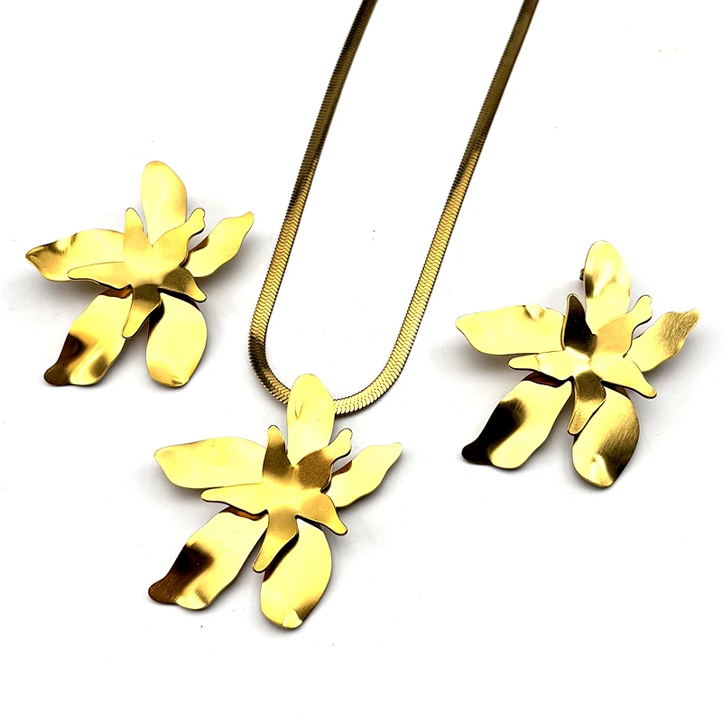 

Layered Flower Stainless Steel Pendant Necklaces Earrings Set for Women Girls Gold Color Chain Floral Plant Jewelry Party Gift