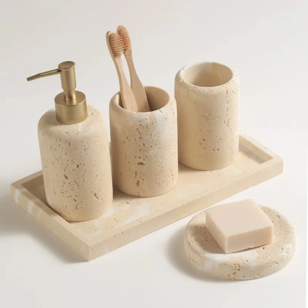 Travertine Drain Soap Dish Hand Sanitizer Bottle Emulsion Bottle Soap Dispenser Soap Box Gargle Cup Tray Bathroom Wash Set