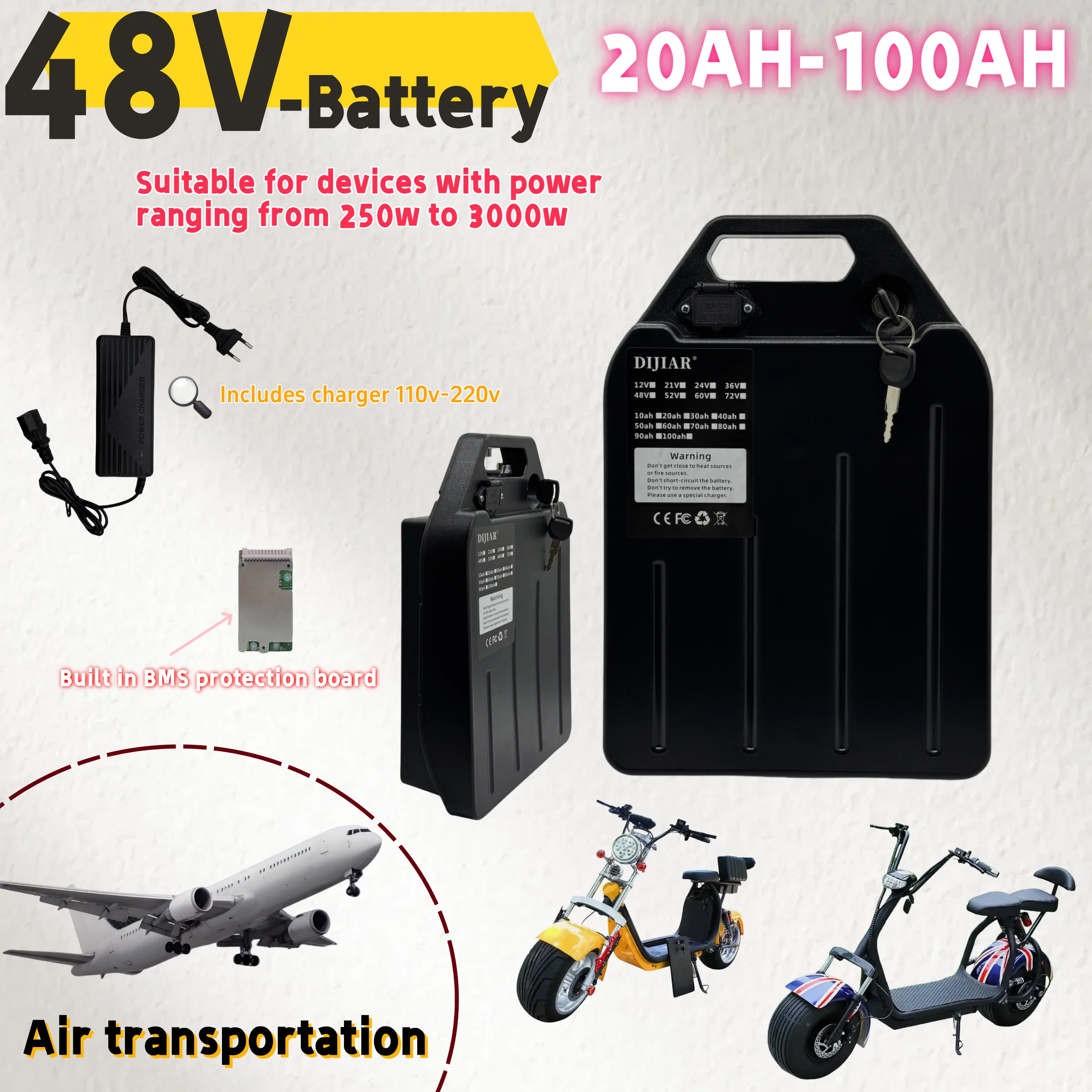 

Air freight free 48V 20AH-100AH electric motorcycle waterproof lithium battery 3000W suitable for Harley folding Citycoco car