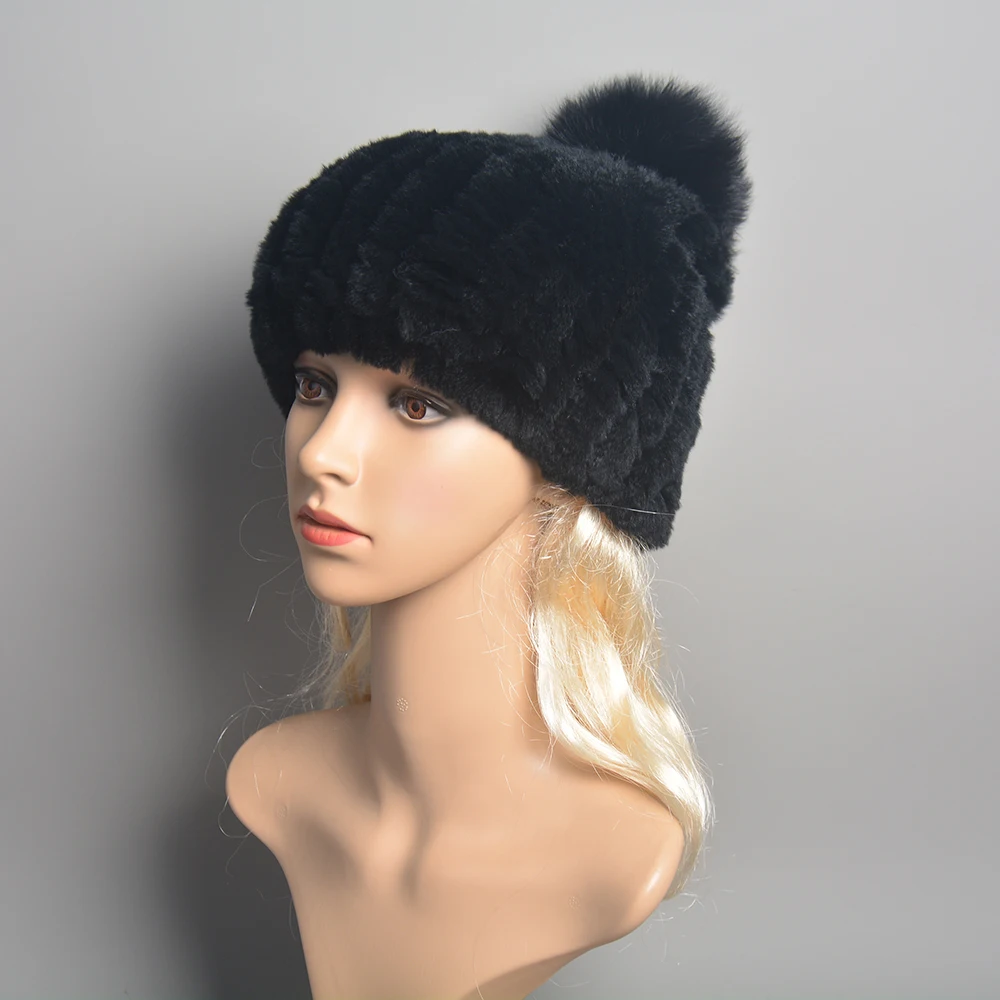 New Winter Natural Real Rex Rabbit Fur Hat Women Elasitc Warm Hand Knitted Real Rex Rabbit Fur Caps Fox Fur Pompoms Beanies Cap