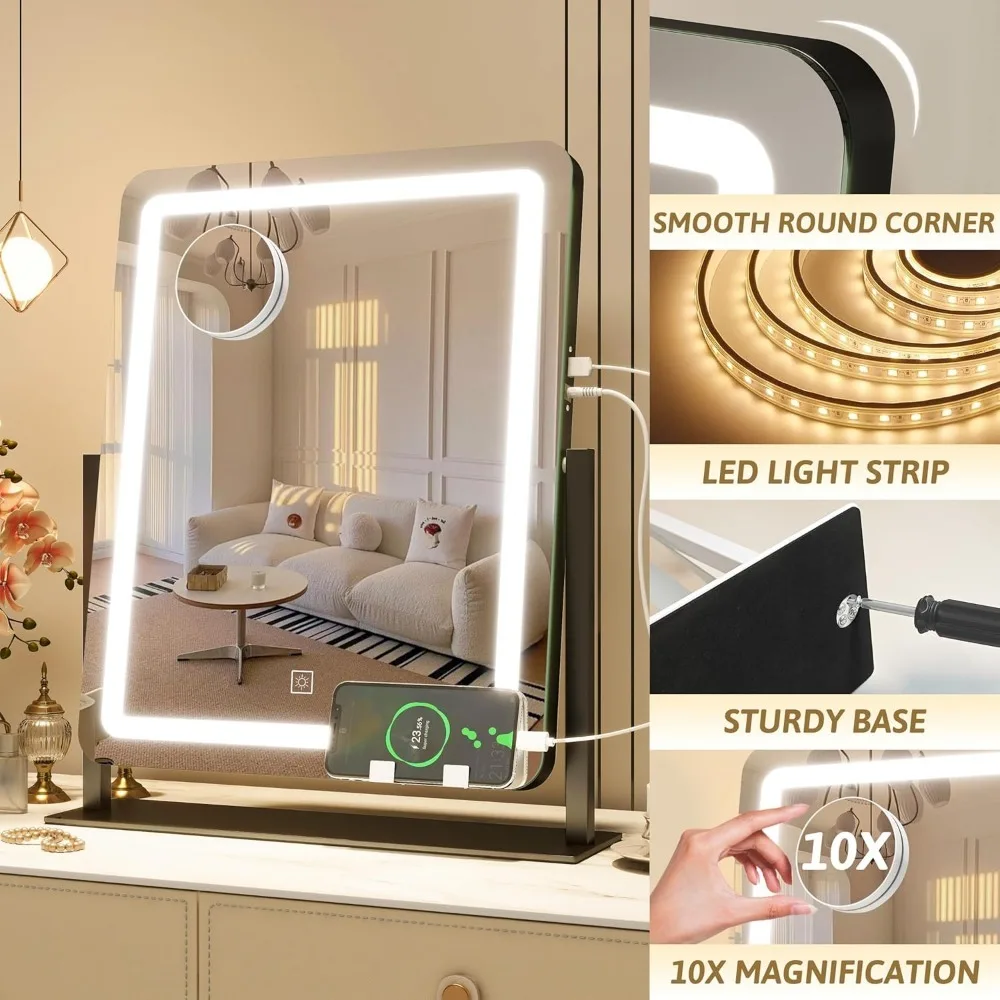 Miroir de courtoisie de la Confédération avec lumières, 18 ampoules LED à intensité variable, 3 modes de documents, grossissement 10X, port de chargement USB, 32 po x 24 po